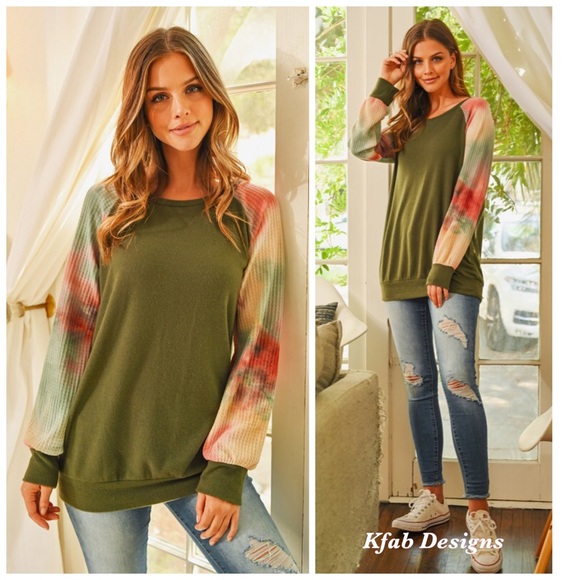 ❤️LAST! Waffle Knit Tie Dye Sleeve Brushed Top! - Picture 4 of 6